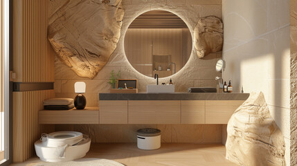 In a modern small bathroom, imagine rock textures complemented by warm wood and beige tiles. The vanity area boasts a sleek circle mirror, adding a touch of contemporary style. -