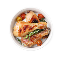 Delicious roasted chicken drumsticks with rosemary and tomatoes in bowl isolated on white, top view