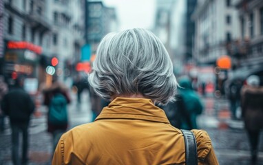 A woman with gray hair walks purposefully down a bustling city street, blending into the urban landscape