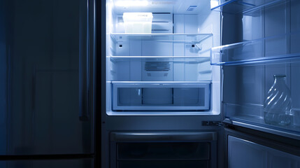 Fototapeta premium Refrigerator open empty fridge inside interior close up on empty refrigerator with door open New clean refrigerator : Generative AI