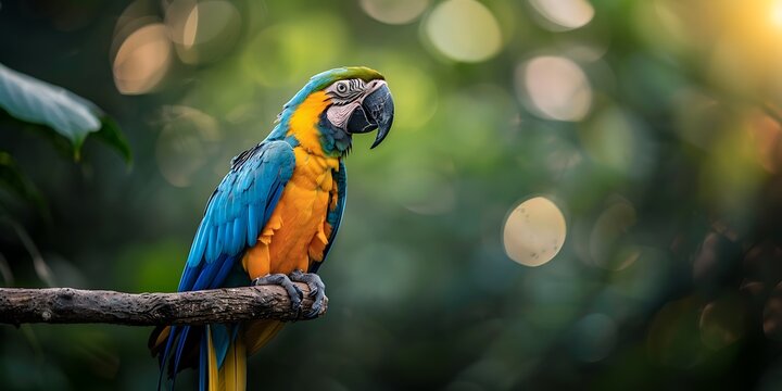 Colorful macaw parrot sitting on a branch in the forest