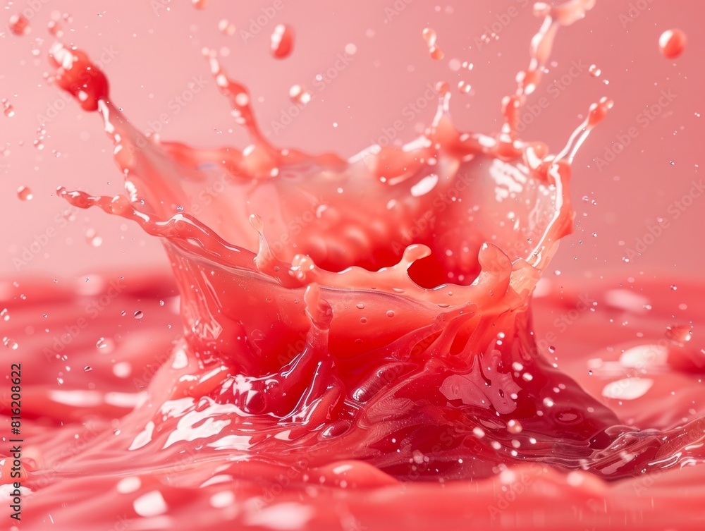 Poster a vibrant red liquid splashes dramatically into the water, creating ripples and abstract patterns in