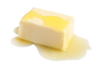 Piece of melting butter on white background