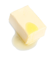 Piece of melting butter on white background