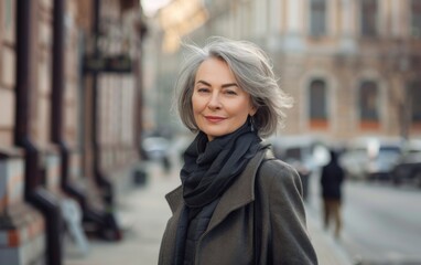 Fototapeta premium A gray haired woman is walking down a city street, surrounded by buildings and pedestrians