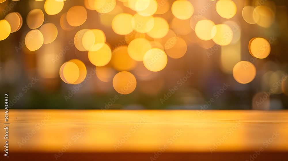 Aufkleber empty table to showcase your product against the background of a blurred cafe golden bokeh : Generative AI