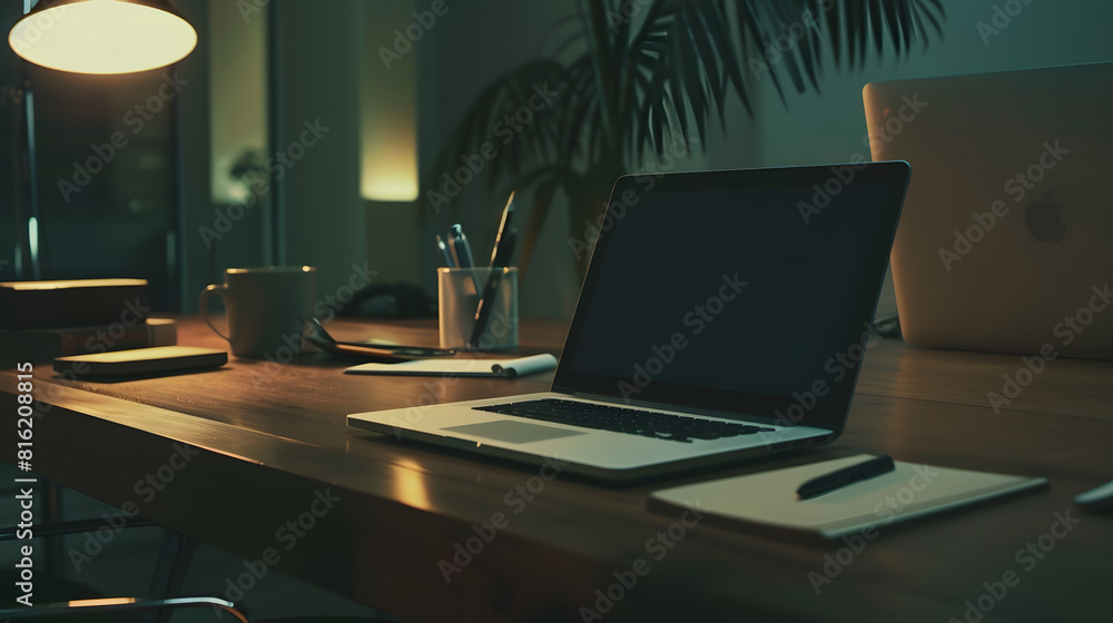 Aufkleber Office table with blank notepad and laptop : Generative AI
