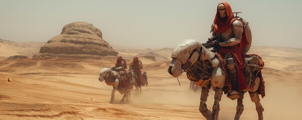 Travelers with robotic camels in desert landscape