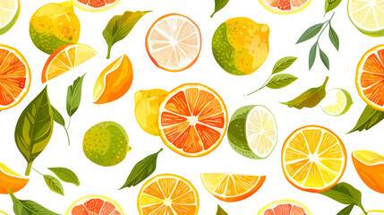 Colorful citrus fruit pattern with leaves on a white background