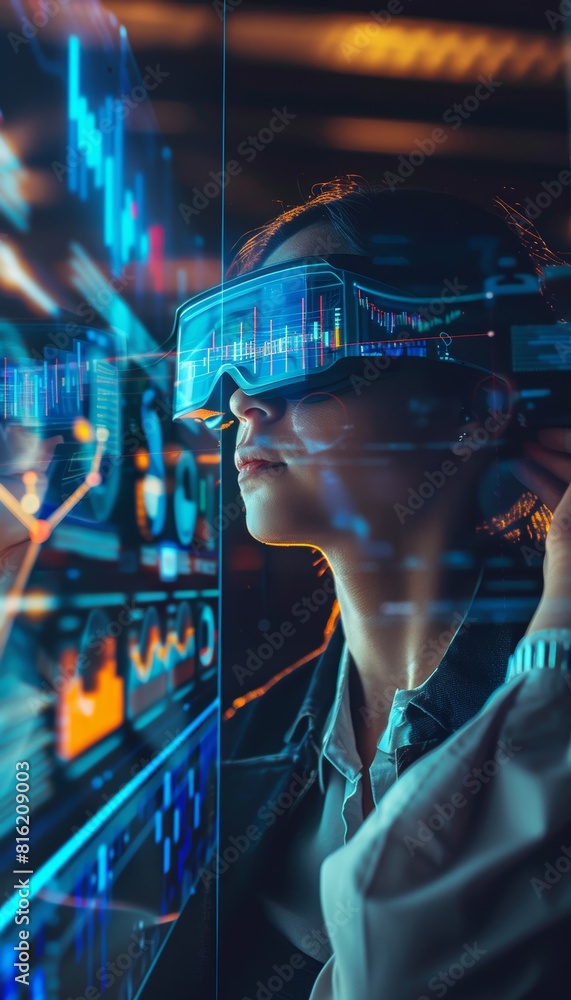 Poster young professional using augmented reality glasses for data visualization