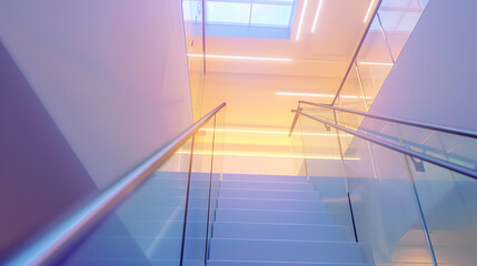 Obraz premium Bright interior hallway with modern design featuring a staircase glass railing and a skylight : Generative AI