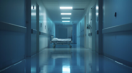 Empty hospital hallway with bed : Generative AI