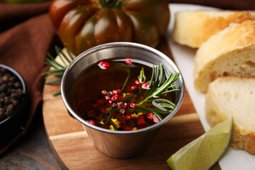Tasty marinade and products on wooden table, closeup
