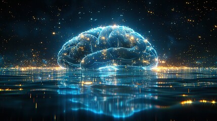   A digital depiction of a brain floating in water under a starry sky