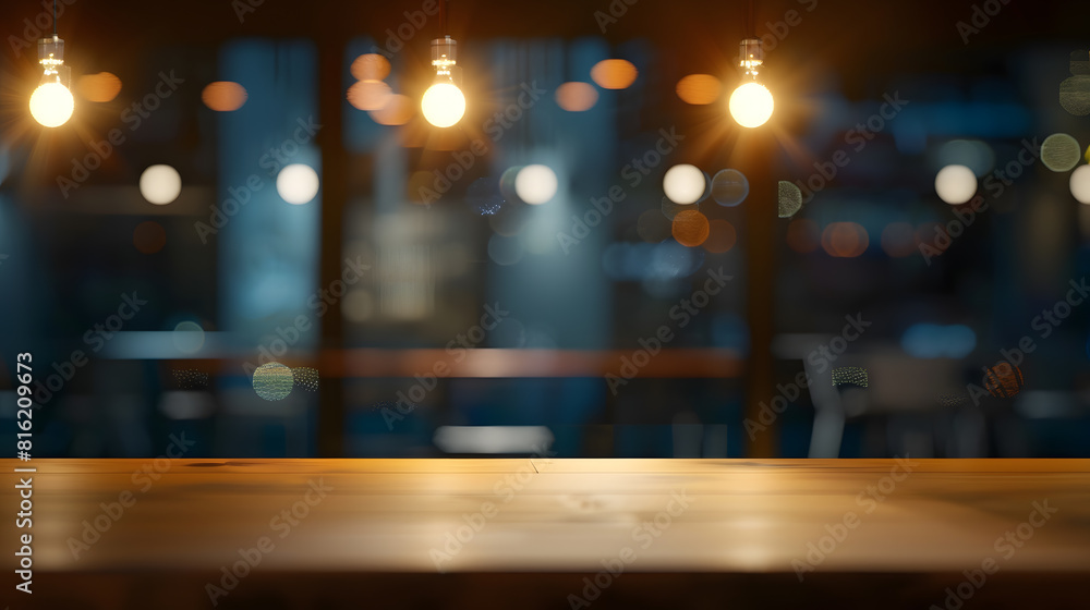 Poster dark blurred background with empty table top cafe restaurant windows background for your product : g