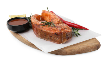 Fresh marinade, cooked fish and other products isolated on white