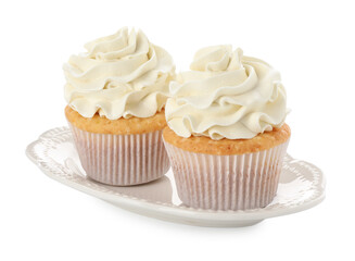 Tasty vanilla cupcakes with cream isolated on white