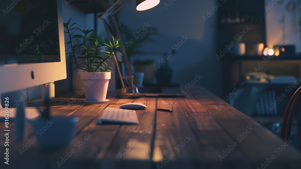 Poster working place at home on wooden table : generative ai
