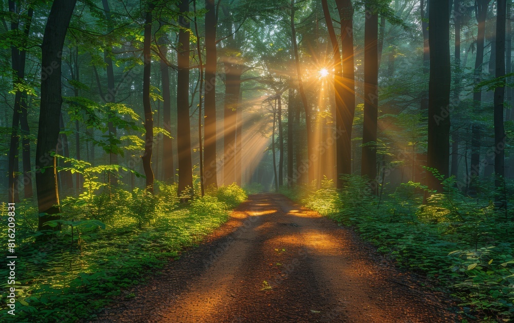 Poster a dirt road winds through a dense forest with sunlight filtering through the trees creating a scenic