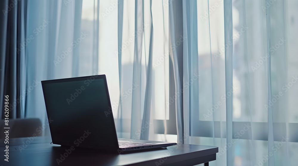 Fototapete Open laptop on table against window on white curtains background Workplace and home office Selective focus and shallow depth : Generative AI