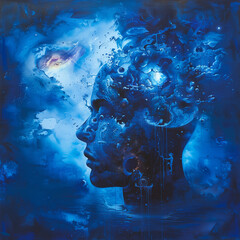 Surreal blue portrait with cosmic and introspective themes.