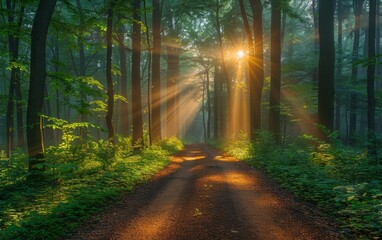 Fototapeta premium A dirt road winds through a dense forest with sunlight filtering through the trees creating a scenic natural tunnel effect