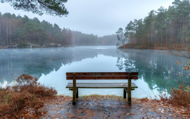 Obraz premium A wooden bench stands in front of a mist-covered lake on a foggy day, creating a serene atmosphere