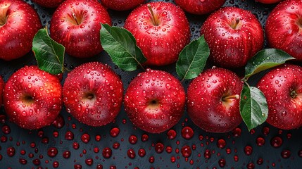   Red apples atop wet table with green leaves