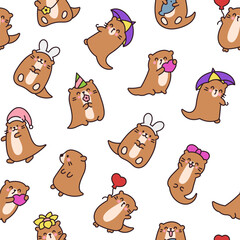 Cute cartoon kawaii otter. Seamless pattern. Animal funny characters. Hand drawn style. Vector drawing. Design ornaments.