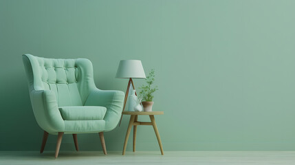 Soft mint green chair in retro style in open space with mint lamp and plant on wooden table : Generative AI