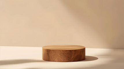 Round brown wooden stand on a beige background a place to display cosmetics and products : Generative AI