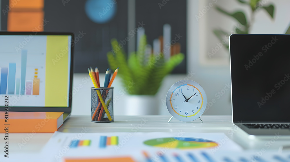 Leinwandbilder close up of modern workplace with empty laptop colorful diagram on paper and clock mock up : generat