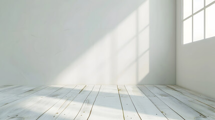 Copy the space of an empty wall in a simple childrens room with a white wooden floor and a large and light window Background : Generative AI