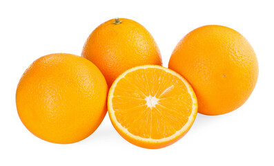 Whole and cut ripe oranges isolated on white