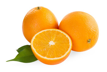 Whole and cut ripe oranges isolated on white