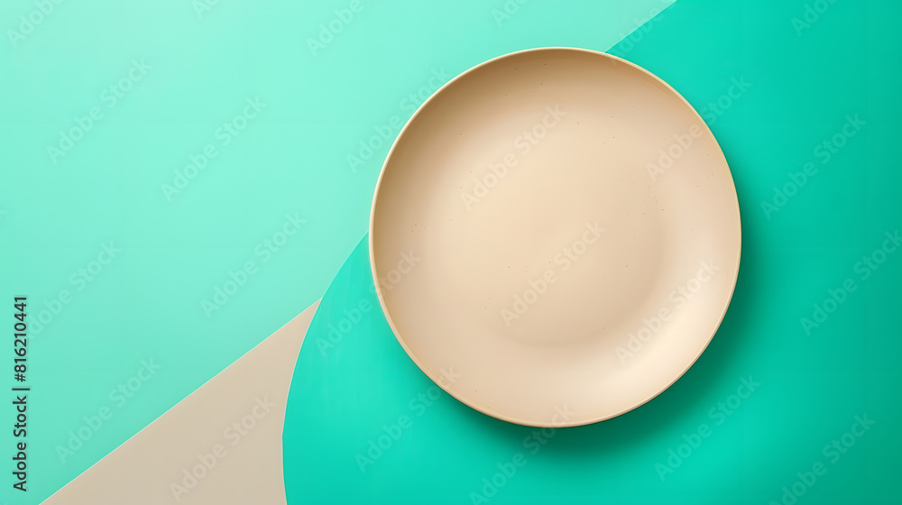 Poster Empty beige plate on green pastel paper background Top view flat lay Textured object selective focus : Generative AI
