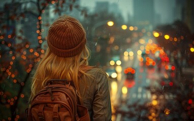Obraz premium A girl stands with a backpack, gazing at the cityscape illuminated at night, capturing the urban scenery
