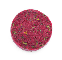 Uncooked beetroot cutlet isolated on white, top view. Vegetarian product