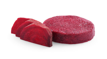 Uncooked beetroot cutlet and fresh ingredient isolated on white. Vegetarian product