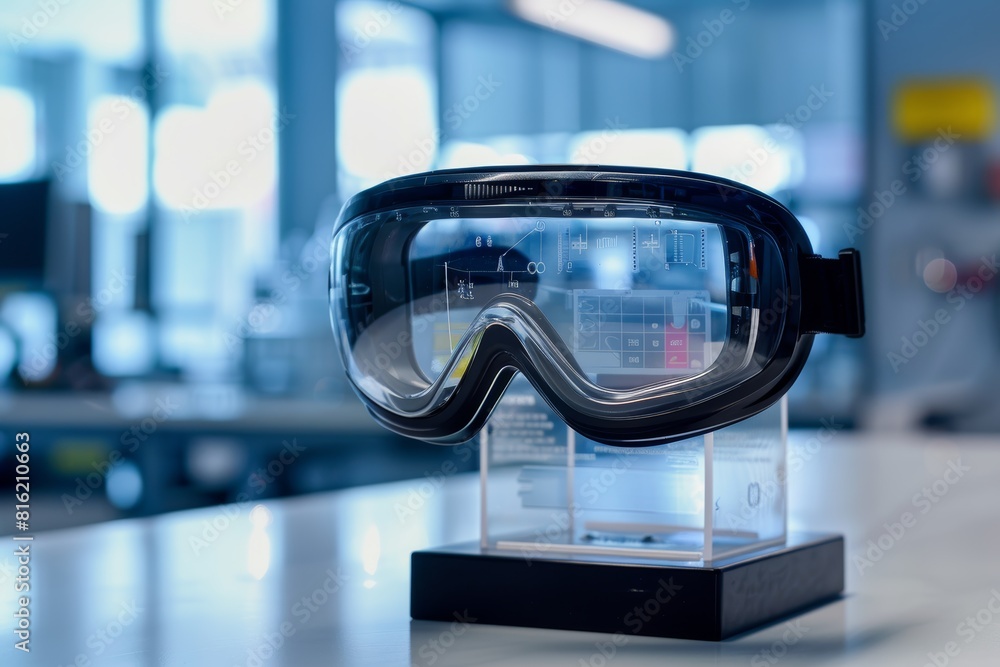 Poster advanced basketball goggles for enhanced visual focus displayed in high tech laboratory