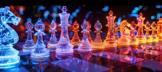 Illuminated Chessboard with Cultural Symbols in Neon Lighting