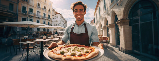 A cheerful waiter serving a freshly baked pizza in an outdoor cafe setting. Panorama with copy space.