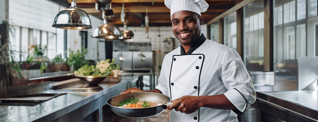 A smiling chef holding a pan with a dish in a professional kitchen setting. Panorama with copy space.