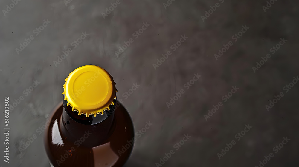 Poster top up view brown beer bottle with blank yellow template isolated on grey background beer fiesta con