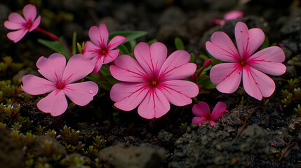   A patch of dirt hosts a cluster of pink flowers near lush green grass and rocky terrain