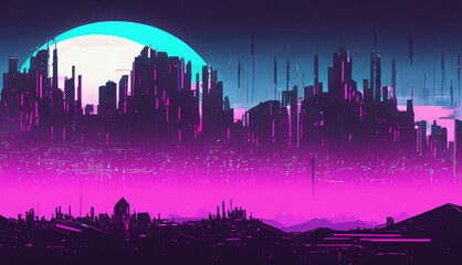 Vivid neon colorful fantasy retro landscape with forest and mountains, wide banner background, Night and sunset neon colors, cyberpunk vintage illustration.