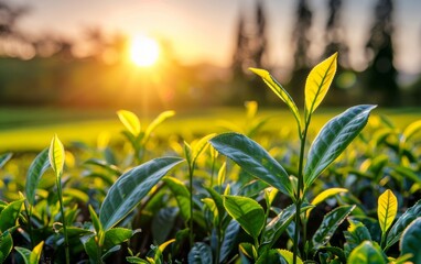 The sun is seen setting over a vast tea plantation, coloring the sky in hues of orange and pink