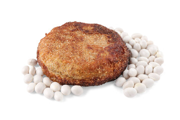 Tasty bean cutlet and ingredient isolated on white. Vegetarian product