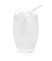 Glass of coconut water with ice cubes isolated on white