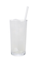 Glass of coconut water with ice cubes isolated on white